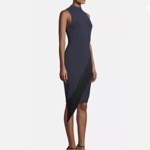 Milly Mock Neck Body-con Angled Fringe Dress